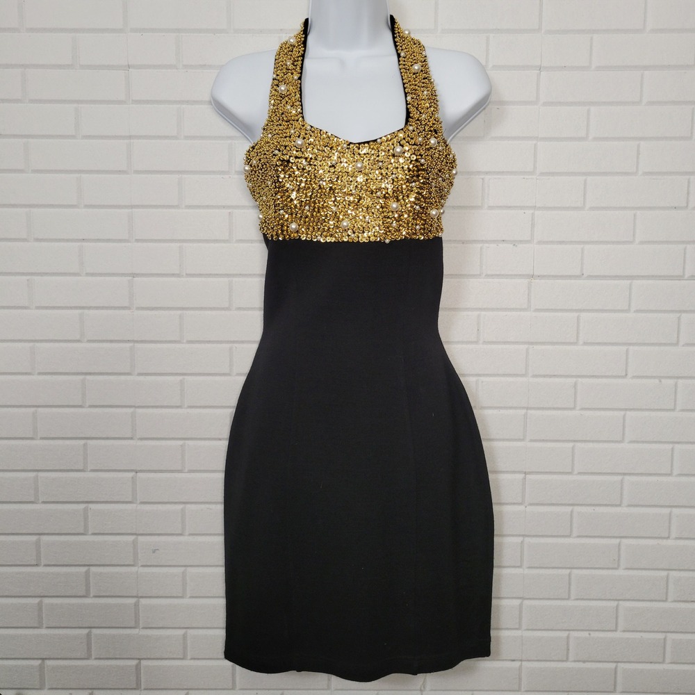 Vintage 80s Rampage Black Cocktail‎ Dress Sz M Gold Sequin Pearls Halter Glam